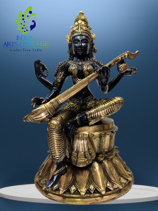 Saraswathi Idol Brass Black & Gold 14In