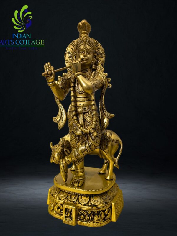 Krishna Idol w Cow Brass 12 In