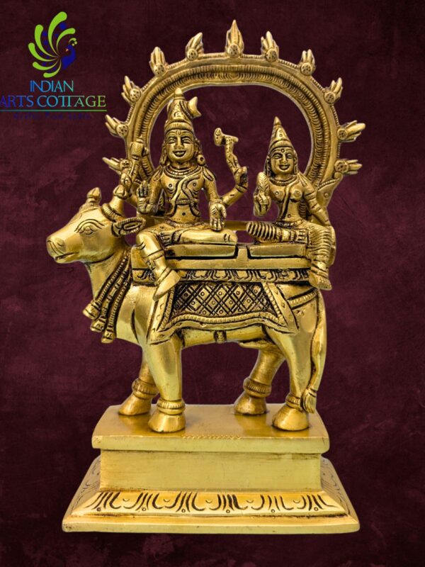 Shiva Parvathi on Nandi Idol w Arch Brass 9 In